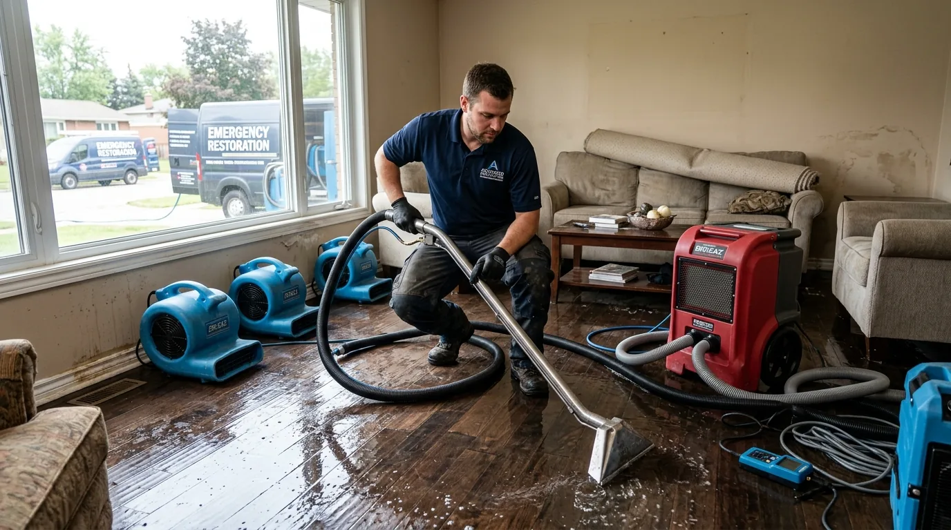 Technician extracting standing water from a flooded Tucson living room